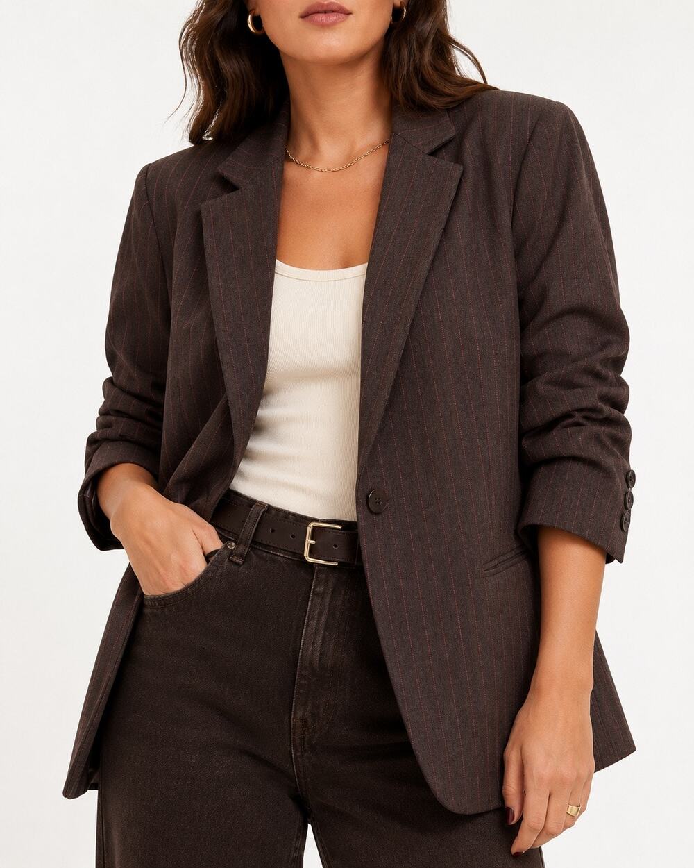 Vintage Chocolate Brown Wool Pinstripe Blazer Lafayette 148 90s Tailoring